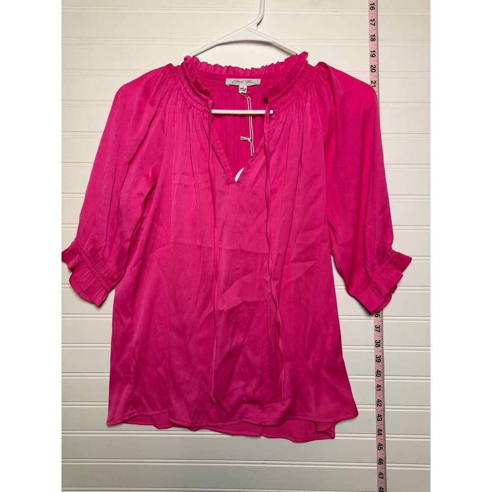 Cloud Ten Womens Hot Pink Ruffle Neck Tie Front 3/4 Sleeve Blouse Size S NWT